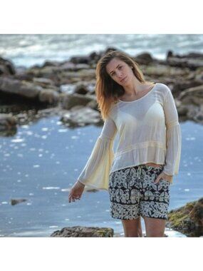 Jayli Bell Sleeve Peace Back Top With Crochet Details & Rayon Fabric